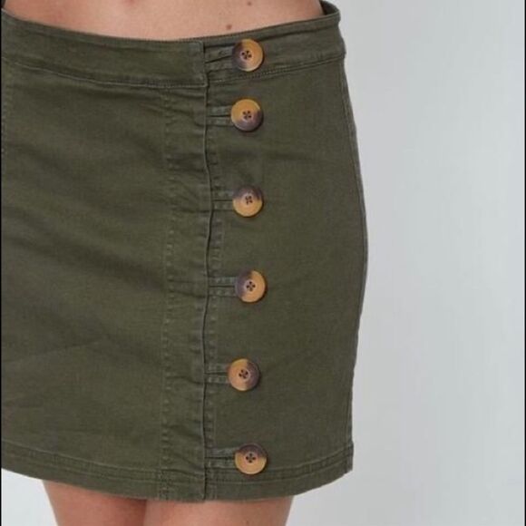 Vtg Free People Y2K  Army Green Tortoise Button Down Denim Mini Skirt - Picture 2 of 14